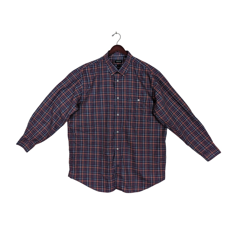 Orvis Mens XXL Tall Plaid Button Down Shirt Blue Red Long Sleeve Pocket